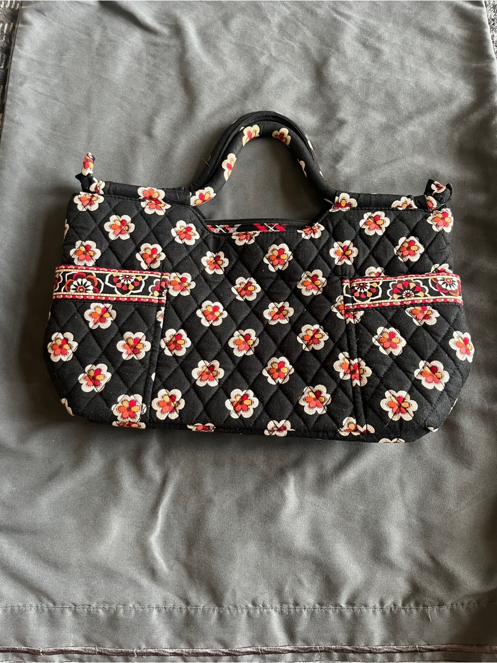 Vera Bradley Black Quilted Floral Tote with Red & Cream Accents
